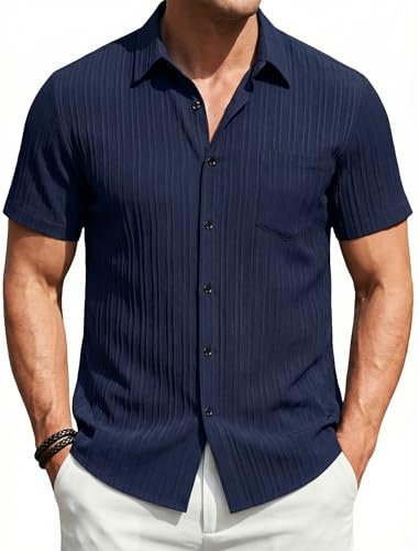 Enlision Mens Short Sleeve Shirts Pleated Button Down for Casual Summer | Anti-wrinkle Lightweight Breathable Easy Care Soft Textured Plain Smart Regular Fit Beach Vacation Holiday Wedding Travel