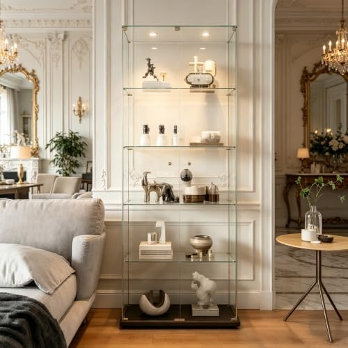 ZSSWSS Vitrine aus Glas,Ausstellungsvitrine mit 5 Glasablagen, Moderne Vitrine für Wohnzimmer mit 2 Türen und Schloss,Vitrine für Sammler,5 Etagen 2 Tür,für Sammlervitrine,Bücher und Wein,Schwarz A