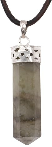 GURU SHOP Hexagon Anhänger aus geschliffenem Calcit, Unikat | Einzigartiger Edelsteinanhänger, silberne Metallkapsel, 80 cm Lederband, natürliche Farben und Maserungen.