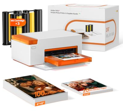 Liene Amber M110 Mini Fotodrucker für Smartphone – inkl. 100 Blatt 10x15 cm Fotopapier (60+40) + 20 Blatt 7,7 cm selbstklebende Fotos + 2 Farbbänder – Thermosublimation, Bluetooth, für iPhone & Androi