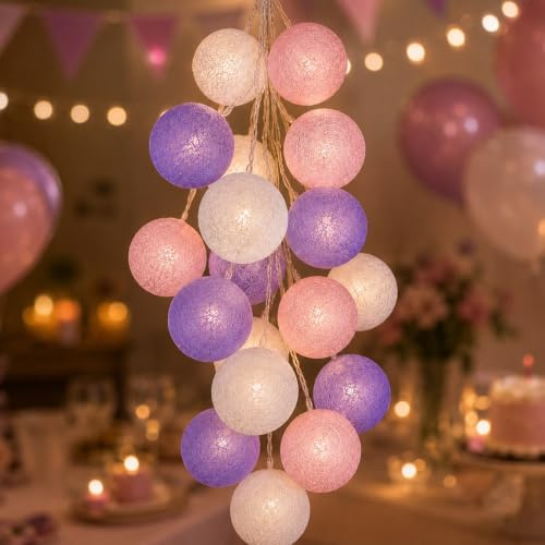 ZingBox LED Lichterkette Baumwollkugeln, 1,5m 10LED Weiß Rosa Lila Kugel Lichterkette Batterie, Baumwollkugeln Lichterketten Innen Deko für Kinderzimmer Mädchen Zimmer Schlafzimmer Bett Party Geschenk