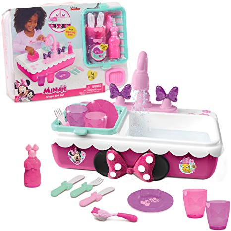 Minnie Mouse-Minnie's Fregadero Disney Junior Happy Helpers Magic Sink Set, con 14 Piezas Juguetes para niños a Partir de 3 años de Just Play, Multicolor, 25.4 89611