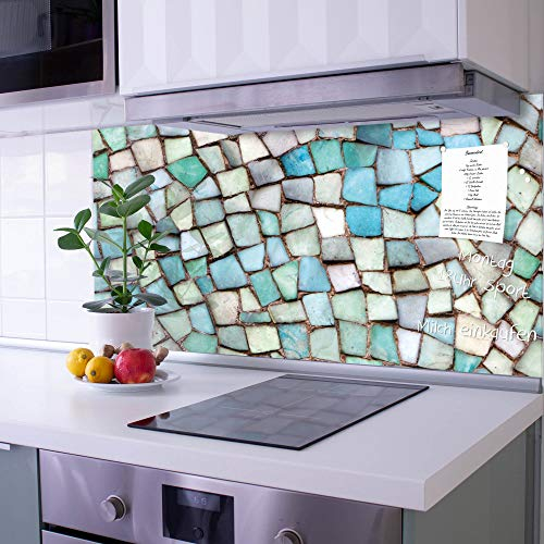 banjado Küchenrückwand Glas ohne Bohren 120x60cm – Glasrückwand Küche mit Motiv Mosaik Blau/Spritzschutz Küchenrückwand Glas/selbstklebende Küchenrückwand Platte - magnetisch & beschreibbar