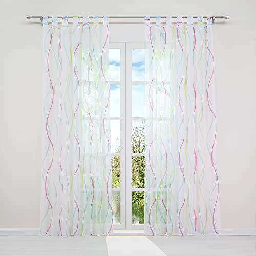 HongYa 1 Stück Voile Gardine Transparenter Vorhang mit Schlaufen Wellen Druck H/B 175/140 cm Bunt Blau