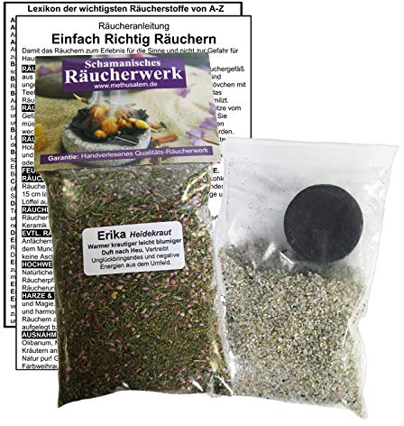 Erika Heidekraut zum RÄUCHERN. 5-TLG Räucherset - 60ml Räucherwerk mit Räucherkohle (1x) + Räuchersand + Räucheranleitung + Lexikon der wichtigsten Räucherstoffe A-Z. 82060-17