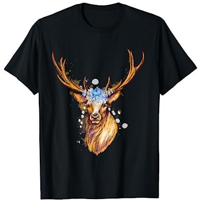 Hirsch mit Blumenkranz Motiv Oktoberfest Wiesn Volksfest T-Shirt