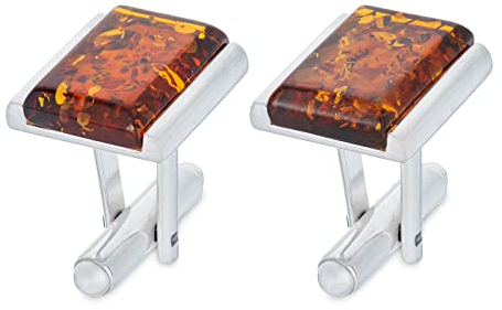 AMBEDORA Herren Sterling-Silber 925 Manschettenknöpfe mit Bernstein, Moderne Form, Naturbernstein in der Farbe Cognac, Geschenkset