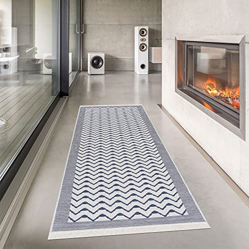 Pasha Home Teppich Läufer 80x200 cm Oslo/Boho Teppich aus Baumwolle/Teppich für Wohnzimmer, Schlafzimmer, Küche, Bad, Kinderzimmer/Teppich Boho Style wendbar/Teppich Läufer grau-blau