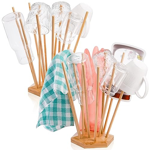 Elsjoy Set of 2 Plastic Bag and Bottle Drying Racks, Bamboo Dryer Rack Stand with 12 Sticks, Reusable Bag Cup Drainer Holder for Kitchen Storage, Hexagon Base