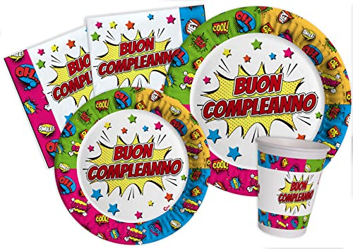 Kit Party Tavola Buon Compleanno Comics per 8 persone (44 pezzi: 8 piatti Ø23cm, 8 piatti Ø18cm, 8 bicchieri 200ml, 20 tovaglioli 33x33cm) in carta compostabile eco-friendly
