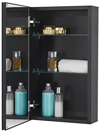 Fundin Armoire murale de salle de bain en aluminium noir avec miroir et étagères réglables - 36 x 61 cm