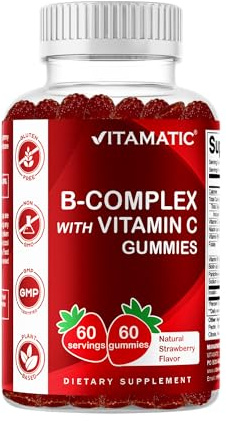 Vitamatic Vitamin B Complex Gummies with Vitamin C & Inositol - Natural Strawberry Flavor - 60 Gummies (1 Bottle)