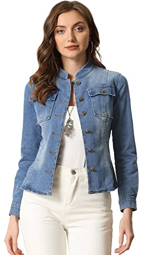 Allegra K Denim Jacket Womens Classic Stand Collar Long Sleeve Jean Jackets | 2026 Trendy, Button Front, Flap Chest Pockets, Stretchy Fabric, Washed, Vintage Inspired Style