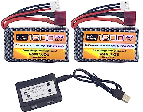 2PCS 7.4V 35C 1800mah Batterie Li avec 1PCS Chargeur 2 en 1 pour WLTYOS K929-B A959-B 12401 12402 12403 12404 12423 12428 144001 1/18 1/14 1/12 télécommandé Jouet Voiture