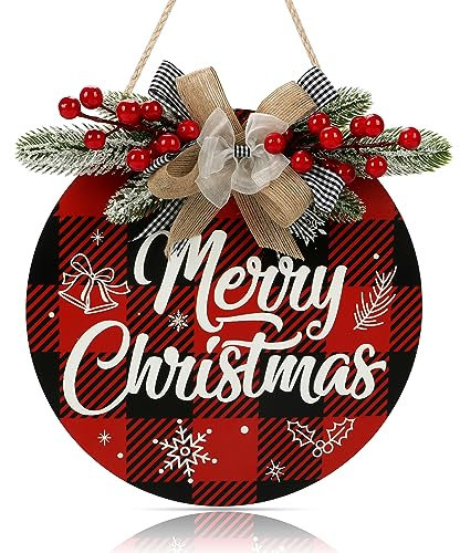 CHDITB Merry Christmas Hanging Decor Welcome Wreath Hanging Sign Christmas Ornament Decoration Rustic Burlap Wooden Holiday Decor for Front Door,Red and Black(11.4x11.4inch)