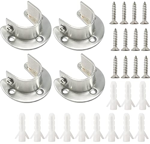 Yosawo 4 Stück Rundrohr Halterung， Stangenhalterung Edelstahl Verstellbar ，U-Form Sockelflansche mit Schraube Für Kleiderschrank, Schrank, Balkon,Badezimmer（Silber/32mm）