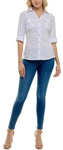 Zac & Rachel Womens Button Down Top with Functional Chest Pockets, Optic White, L