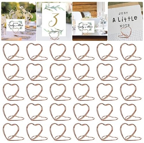 32Pcs Table Number Holders for Weddings, Rose Gold Photo Clip Holders for Tables, Heart Shaped Clasp Table Number Stands for Wedding Party, Gathering, Anniversary(1.1×0.98in)