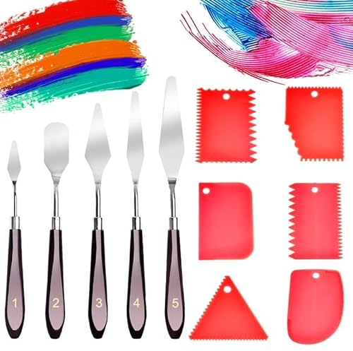 11 Piezas Espatulas Pintura Acrilica Set,5 Cuchillos de Paleta de Acero Inoxidable,6 Cuchillos Rascadores,Cuchillo de Pintura, Raspador para Arte,Artesanal,para Principiantes,Estudiantes,Artistas