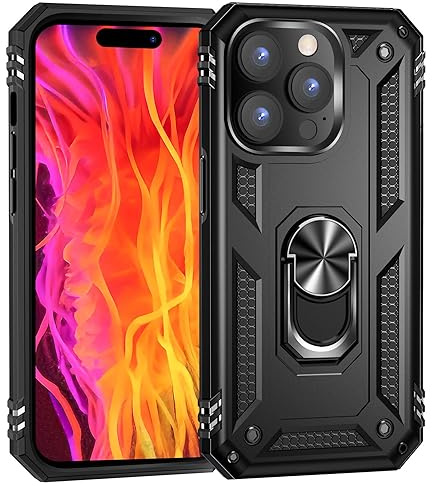 NALIA Panzerhülle für iPhone 15 Pro - Ring-Ständer 360° & Magnet-Halterung Kompatibel - RINGDEFEND (Stoßfestes Outdoor Case) - Marke aus Berlin, Farbe:Schwarz