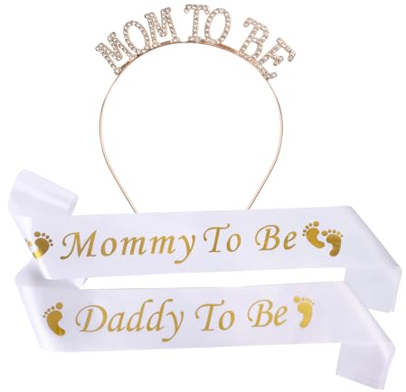 3 Stück Baby Shower Party Schärpe Mommy to Be Schärpe Daddy to Be Schärpe Weiß Babydusche Schärpen Mum to Be Krone Haarschmuck für Schwangere Werdende Mutter Geschenk Baby Willkommensparty Dekoration
