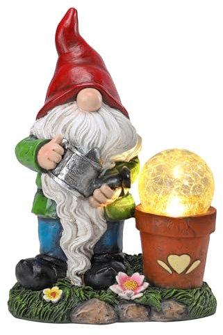 Ovewios Statuette de nain de jardin, pots en résine avec boule fissurée, figurine de nain avec lampes solaires pour porche, terrasse, cour, décoration extérieure