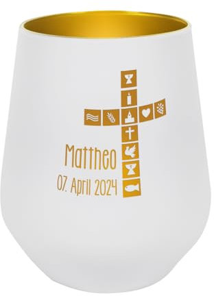 Striefchen® Teelichthalter zur Taufe/Kommunion/Konfirmation, personalisiert (Kreuz mit Symbolen)
