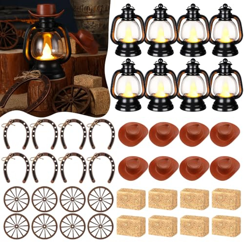 Ferraycle Cowboy-Themenparty-Dekoration, Western-Party-Dekoration, Rodeo-Tischaufsätze, rustikaler Mini-Cowboyhut, Laterne, Hufeisenwagen, Rad, Heuballen für Erwachsene, Cowgirl, Braun, 60 Stück