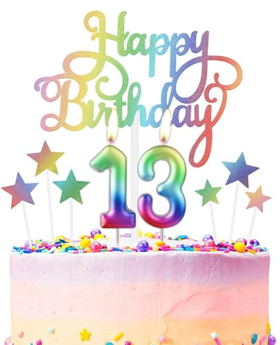 Regenbogen 13th Geburtstag Kerzen, Regenbogen Zahl 13 Kerze für Kuchen, Regenbogen Happy Birthday Kerze Kuchen Toppers, Bunte Kuchen Kerzen Kuchen Toppers für Mädchen Jungen 13th Geburtstag Dekora