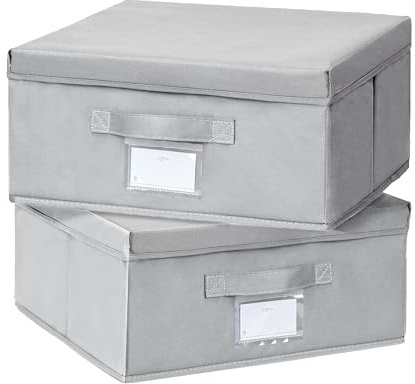 Augfox Set of 2 Collapsible Storage Box - Photo Storage Boxes, Storage Boxes with Lids Fabric for Clothes, Books, and Toys (Light Grey, 36x32x16cm)