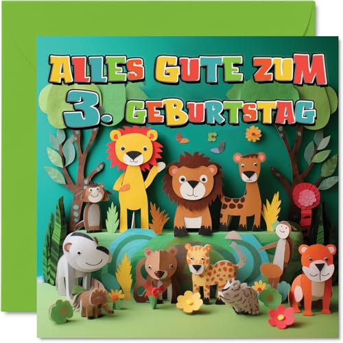 Stuff4 3. Geburtstagskarte Junge Mädchen - Dschungeltiere - Geburtstagskarten Kinder 3 Jahre Jungen Sohn Tochter Neffe Nichte Enkel Enkelin, 145mm Drei Dritte Geburtstag Glückwunschkarten