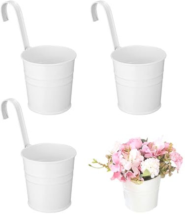YULIAO Juego de 4 Macetas Colgantes Robustas en Colores Blanco, Macetas Colgantes de Hierro de Metal, para Macetas con Gancho para Decoración Interior y Exterior para Barandilla, Valla, Jardín