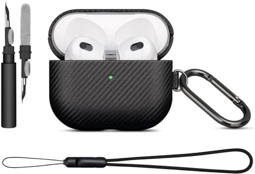 Haobobro [Karbonfaser Textur] AirPods 3 Hülle Case - Premium PU Leder Schutzhülle mit Reinigungsset & Karabiner & Tragebandschlaufe - kompatibel mit AirPods 3. Generation Kopfhörer Ladecase - Schwarz