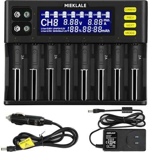 18650 Battery Charger, MIEKLALE 8+2 Bays Smart Universal Battery Charger with LCD Display for Rechargeable Batteries Li-ion LiFePO4 RCR123 18650 26650 10440 14500 & 9V,NiMH NiCd AAA AA(8+2Slots)