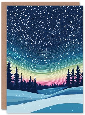 Artery8 Arctic Forest Snowfall Colourful Sky Blank For Him Or Her Art Xmas Festive Christmas Card