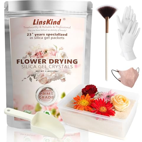 LinsKind Silica Gel for Drying Flowers, 2LBS Crystals Flower Preservation | Includes container, brush, gloves & scoop; color-changing indicator; oven/microwave rechargeable; for wedding bouquets