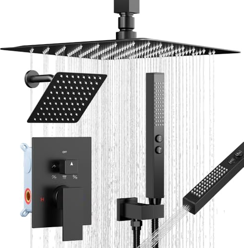 Dual Shower Head System, 10 Inch Ceiling Mount and 6 Inch Wall Mount, Rain Shower System with 2 in 1 Handheld Shower, Multifunction Diverter Rain Shower Faucet Set, Matte Black