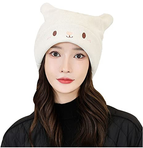 Strickmütze mit Tierohren für Damen, Katzenohren, Wollmütze, Winter, Strickmütze, Zopfstrick, Slouchy, Häkelstrickmütze, Winter, Skimütze, Totenkopfmütze, Geschenk für Damen, beige, Einheitsgröße