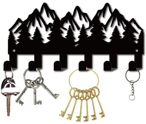 CREATCABIN Porte Manteau Mural en Métal Noir avec 6 Crochet pour Porte D'Entrée Rangement pour Clés Serviettes Vêtements Décoration d'arbre de Montagne 27x13cm