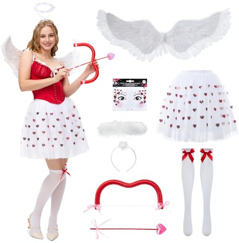 Ulikey Amor Kostüm Damen, Romantische Cupid Engel Kostüme mit Engelsflügel, Heiligenschein Engel, Herzchen BesticktesTutu Rock, Amor Pfeil und Bogen für Valentinstag Karneval (L)