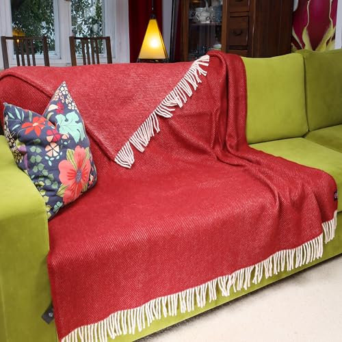 PinkZebra Sehr Warme Sehr Dicke 500 g/m² Merinowolle Decke ca. 160 x 200 cm, aus 100% Reine Neuseeland Wolle, Tagesdecke, Wollplaid mit Fransen, weiche Wohndecke aus natürlicher Wolle, Burgunderrot