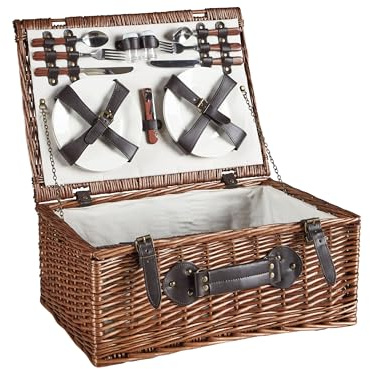 Cesta de pícnic de Mimbre 4 Personas Bolsa Nevera Copas de Vino Cubiertos marrón Pruneau
