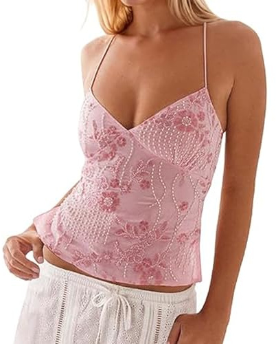 Nicoxijia Camiseta corta con lentejuelas brillantes para mujer, sexy, sin mangas, cuello en V profundo, espalda descubierta, con purpurina, trajes Y2K Bling Rave