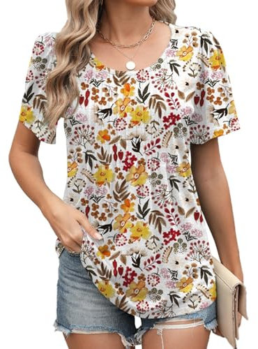 PICKLION Womens Short Sleeve T Shirts Tops Summer Pleated Tunic Blouse Shirts Ruffle Square Neck Loose Blouses Tops for Ladies