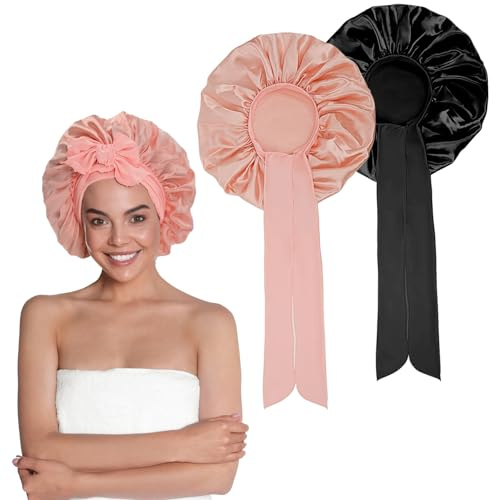 ELNX 2 Stück Seidenhauben zum Schlafen, Satinhauben für lockiges Haar, Schlafhaube mit Bindeband, Seidenhaube zum Schlafen für lockiges Haar, Zopffrisuren für Damen (Schwarz + Pink)