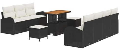 vidaXL 10-teiliges Garten-Sofa-Set in Schwarz aus Poly-Rattan und Akazie mit cremefarbenen Kissen – Stylisches modulares Design für Outdoor-Sitzplätze und Terrassenmöbel