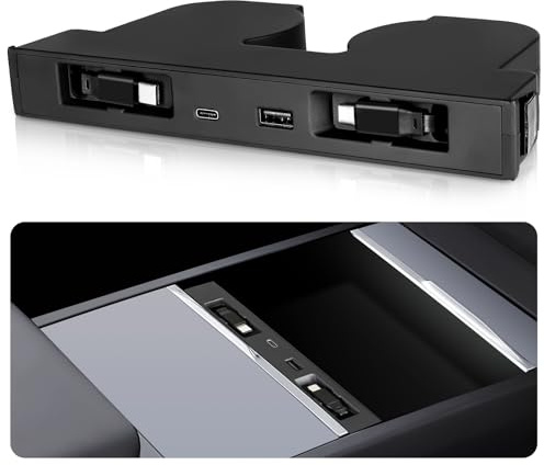 DGXWLLW Hub USB para Tesla Model Y Juniper 2025 2026 Model 3 Highland 2024 2025 con diseño hundido, cables retráctiles dobles tipo C de 117 W, estación de acoplamiento de carga rápida 4 en 1