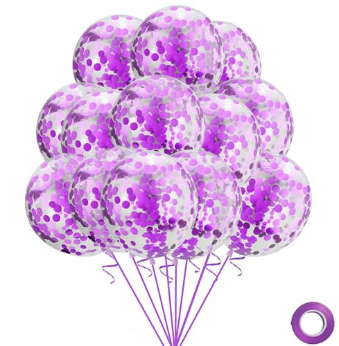 Gleemix 20Stück Konfetti Luftballons Lila Paillet Helium Ballons Geburtstag | 20 Stück 12 Zoll Latex Lila Luftballons Geburtstag, Pailletten Helium Ballons Geburtstagsdeko Hochzeiten JGA Babyparty Deko