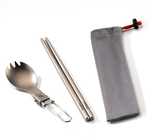 Qunature Set Couverts Titane 2 Pièces avec Pochette | Baguettes Antidérapantes et Spork Pliable Ultra-Légers et Résistants à la Corrosion pour Camping, Randonnée et Pique-Nique