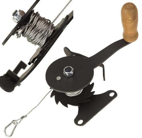 FEINZ Seilwinde mit Kurbel und Karabiner | Grill, Barbecue, Handwinde, Schwenkgrill, Handseilwinde, Handkurbel, Handwinden, Grillrolle, Grillrostwinde, Stahl, Holzgriff